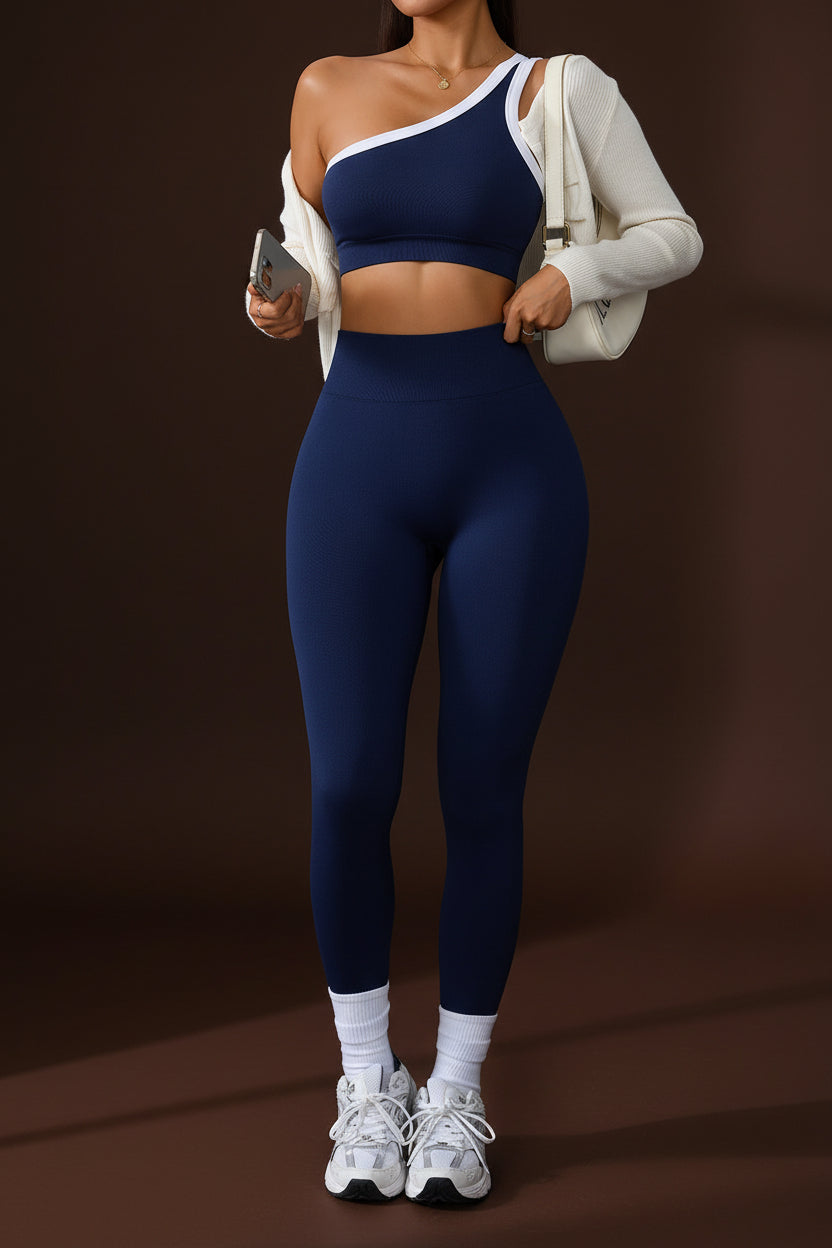 ImageNavy two-piece activewear set with cropped sports bra, studio shot