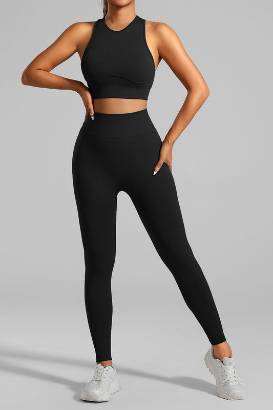 Black crop top and matching high-waisted leggings