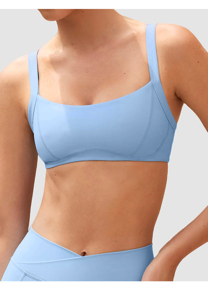 V-Waist Sports Bra & Shorts Set in Blue, sports bra front view