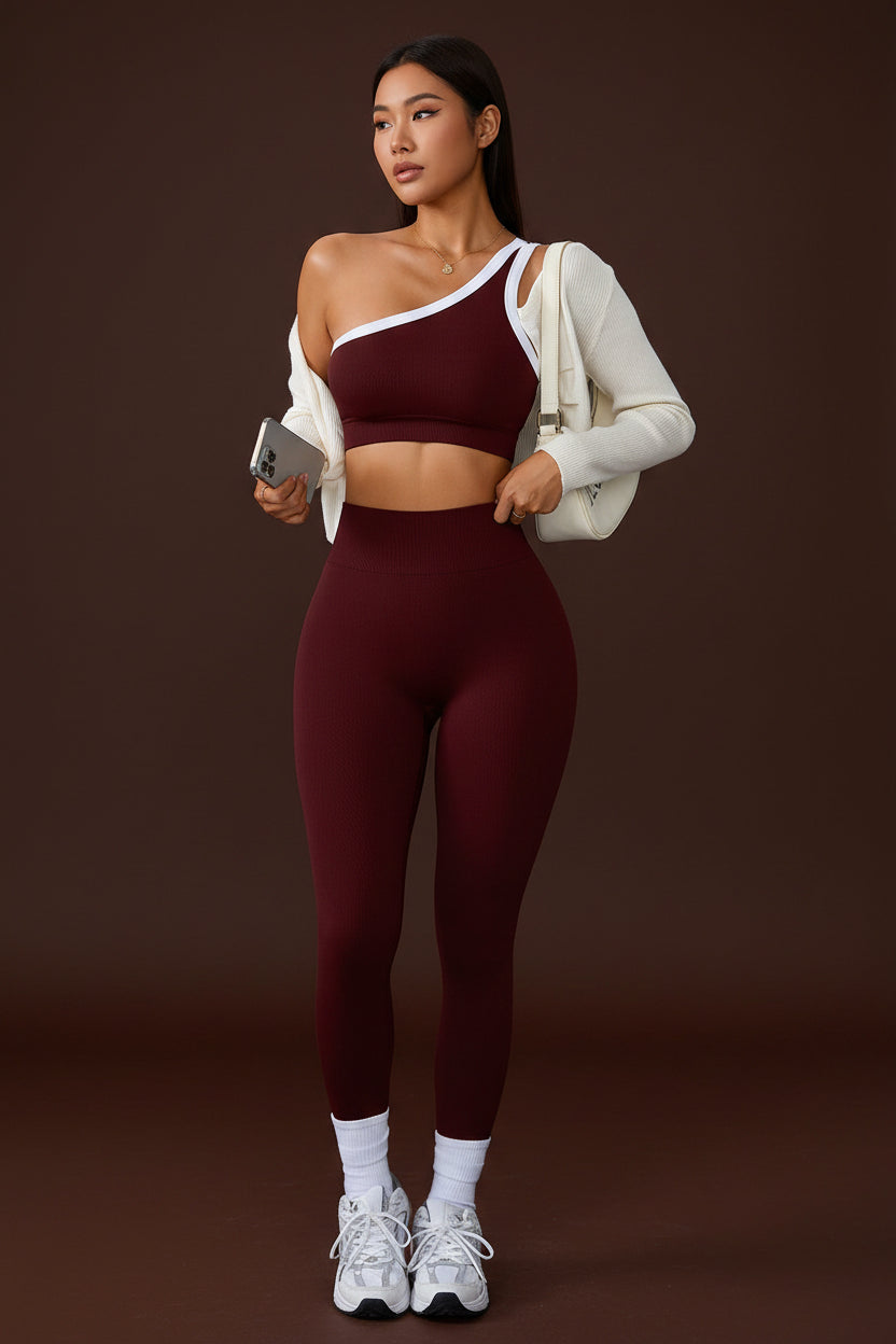 Side profile of high-waist yoga leggings with matching sports bra