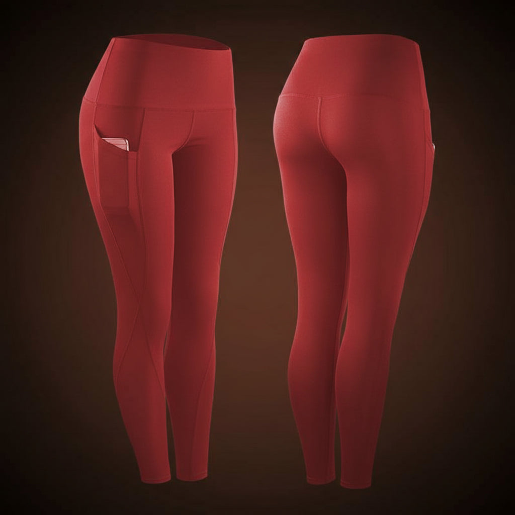 Red high-waisted yoga leggings, product flat lay