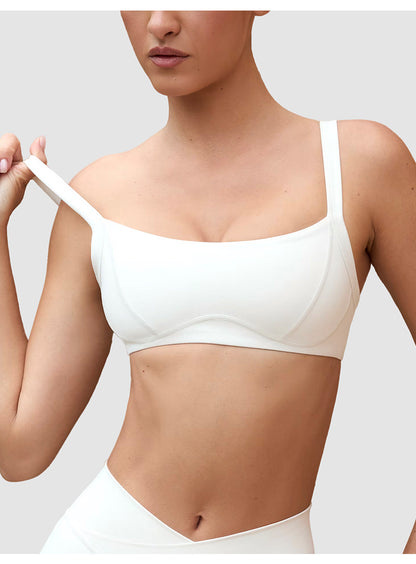 V-Waist Sports Bra & Shorts Set in White, sports bra front view
