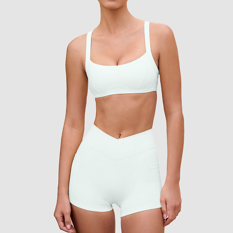 V-Waist Sports Bra & Shorts Set in White, full set front view