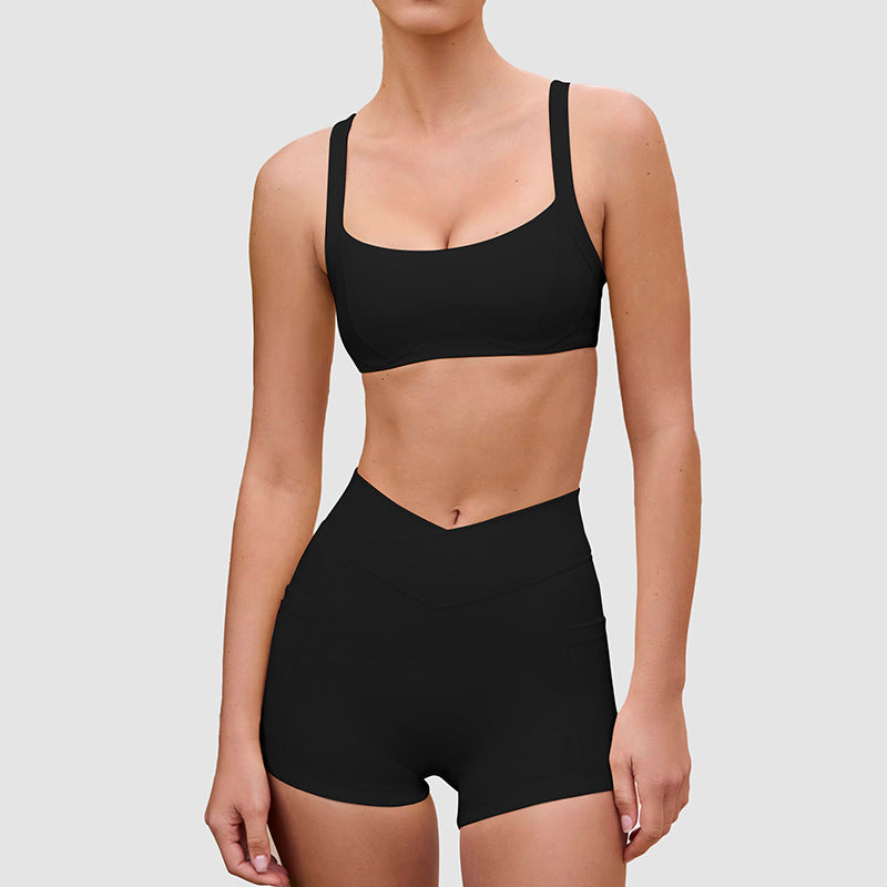 V-Waist Sports Bra & Shorts Set in Black, full set front view