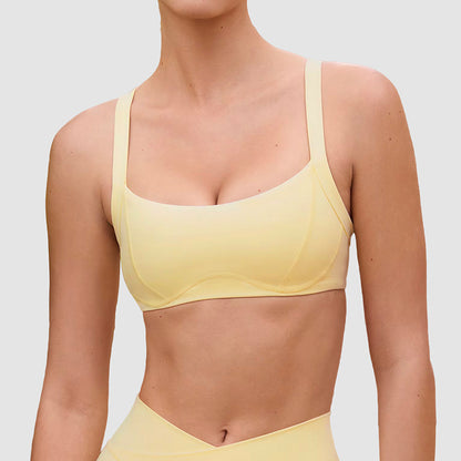 V-Waist Sports Bra & Shorts Set in Yellow, sports bra front view