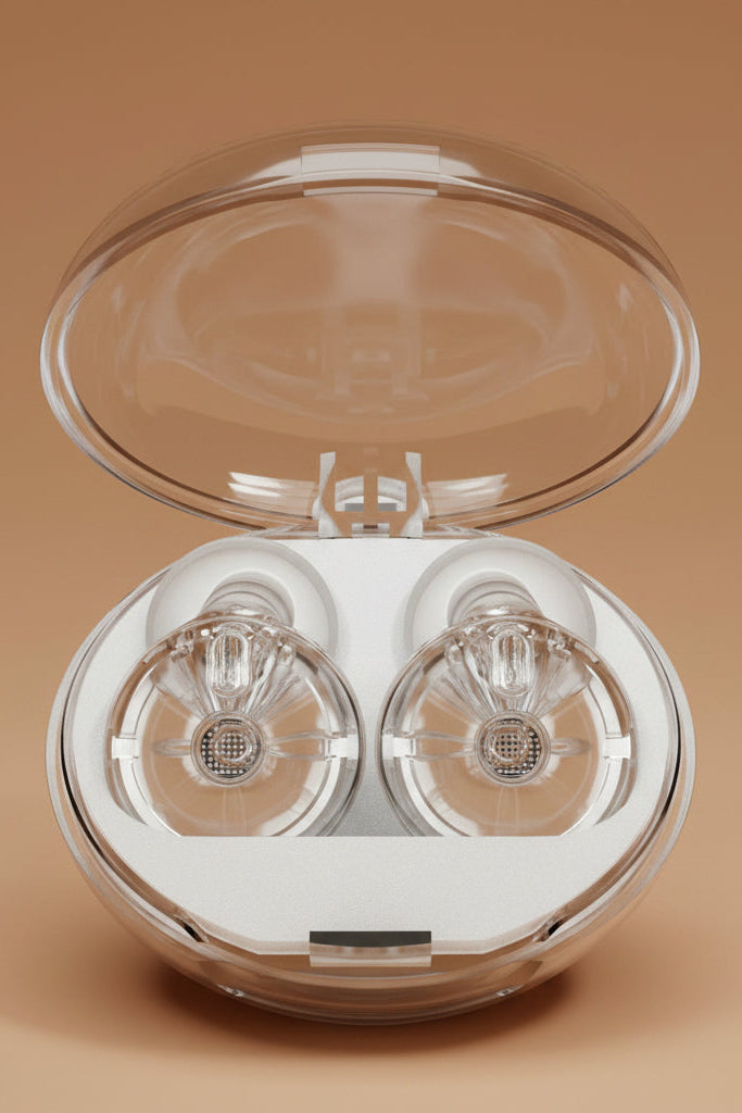 Pulse wireless earbuds resting in charging case