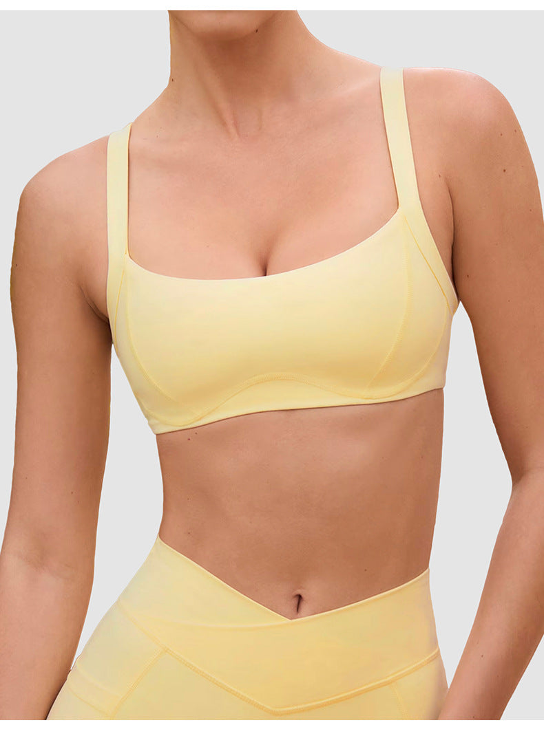 V-Waist Sports Bra & Shorts Set in Yellow, sports bra front view