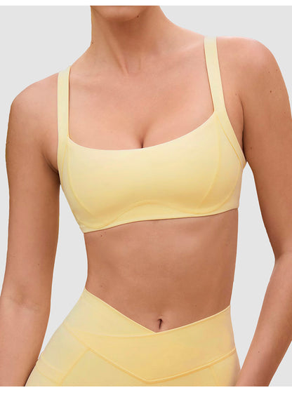 V-Waist Sports Bra & Shorts Set in Yellow, sports bra front view