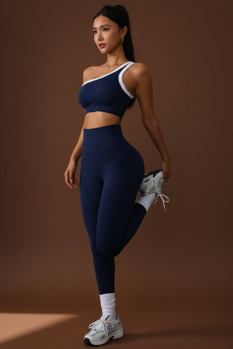 ImageSide profile of high-waist yoga leggings with matching sports bra