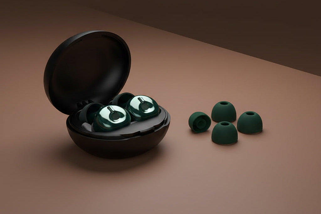 Pulse earbud charging case open, black colorway