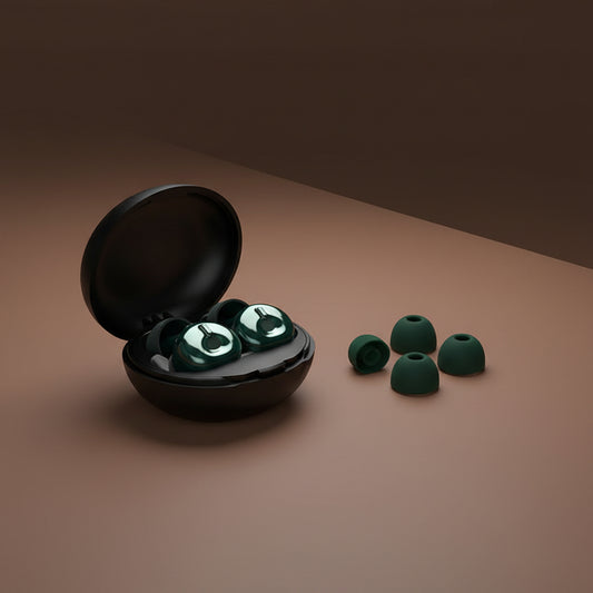 Pulse earbud charging case open, black colorway
