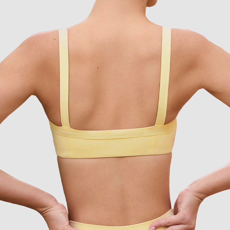 V-Waist Sports Bra & Shorts Set in Yellow, sports bra back view