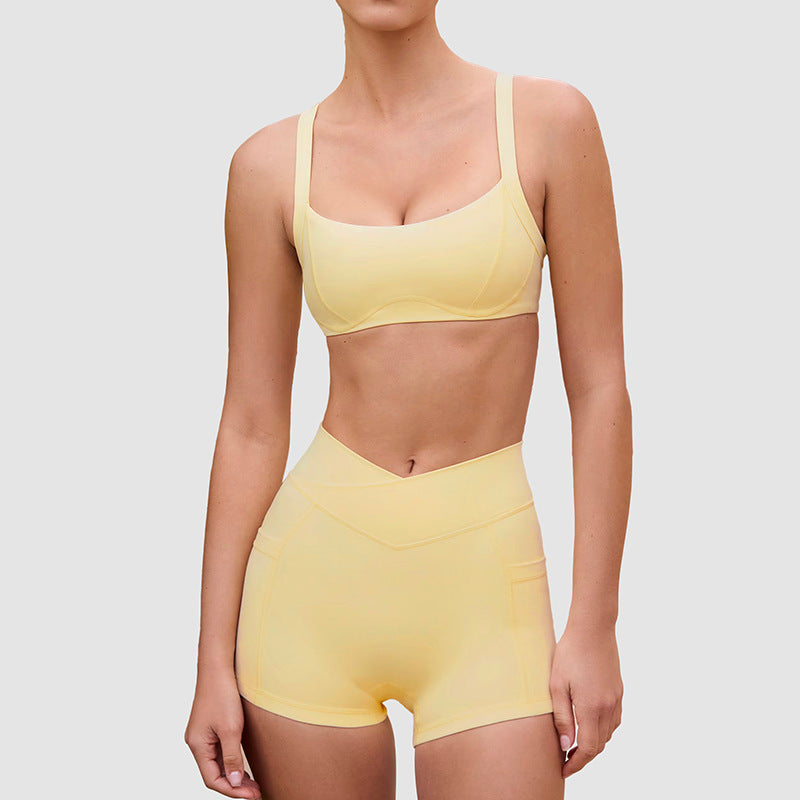 V-Waist Sports Bra & Shorts Set in Yellow, full set front view