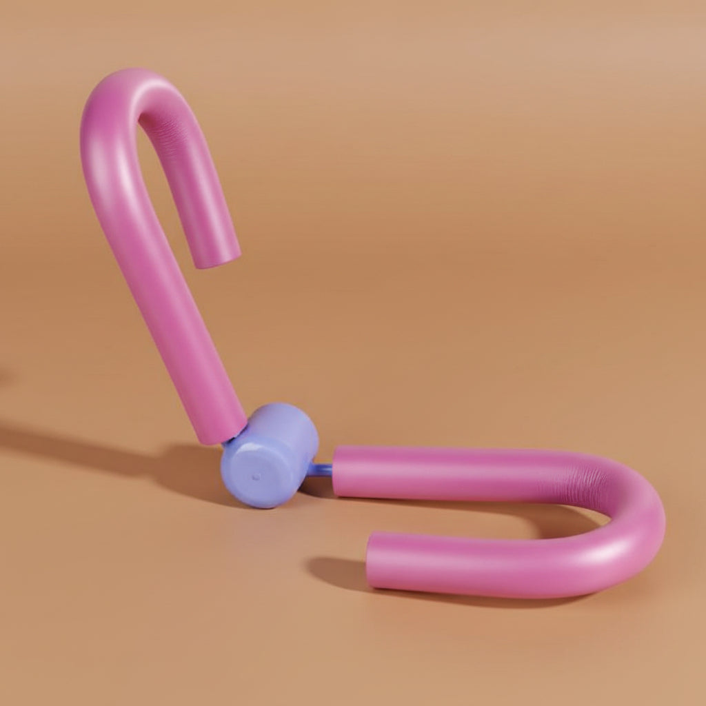 A thigh master-style exercise equipment with , pink foam-covered metal loops connected by a central blue cylindrical spring hinge 