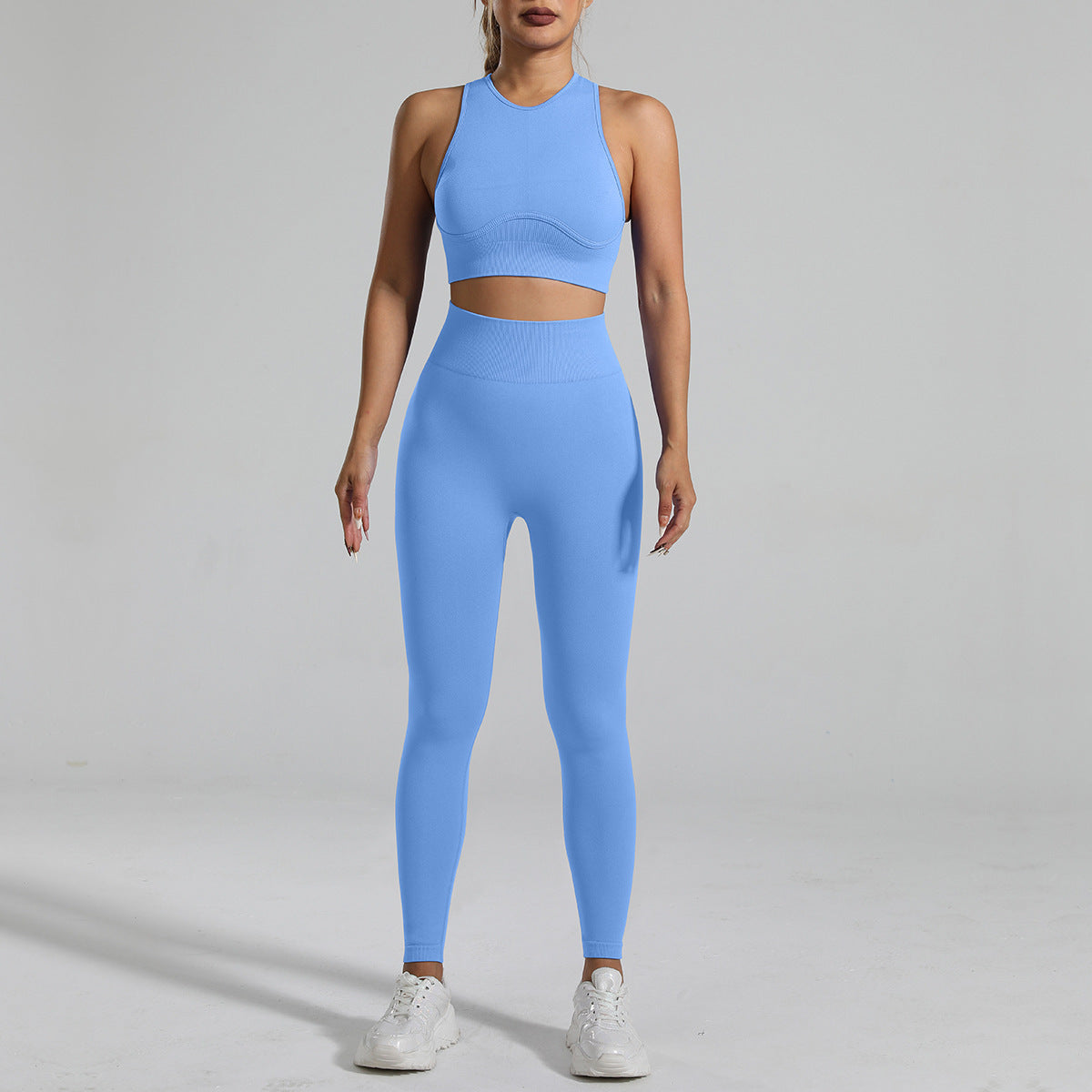Blue seamless leggings and crop top yoga set side view