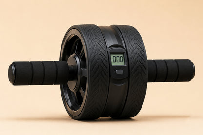 Black exercise wheel with handles and a digital display