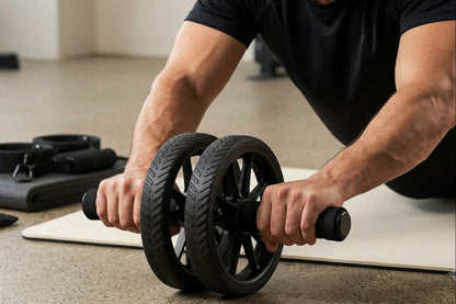 Close-up of hands holding an abdominal exercise wheel