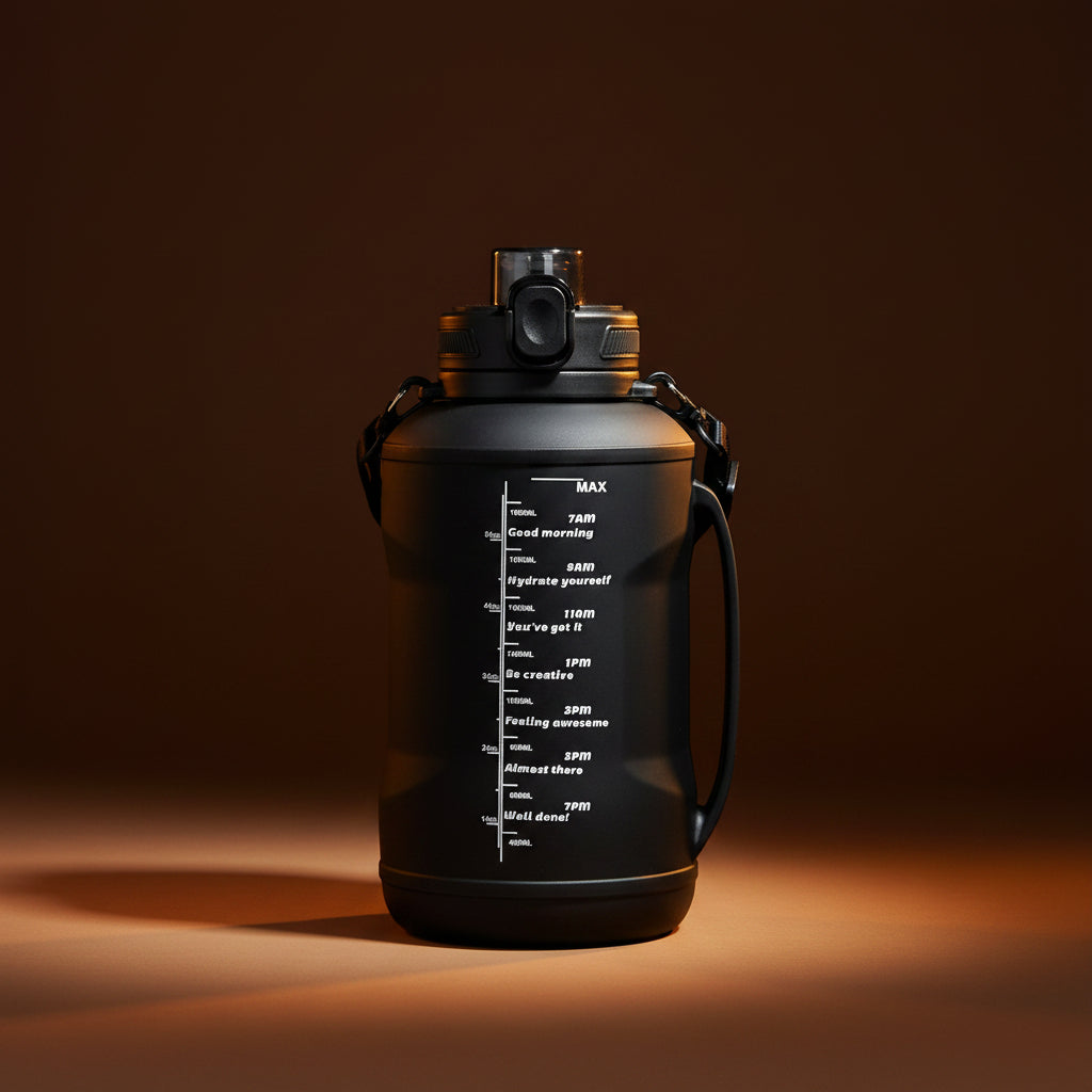Matte black 64oz collapsible water bottle for travel and gym