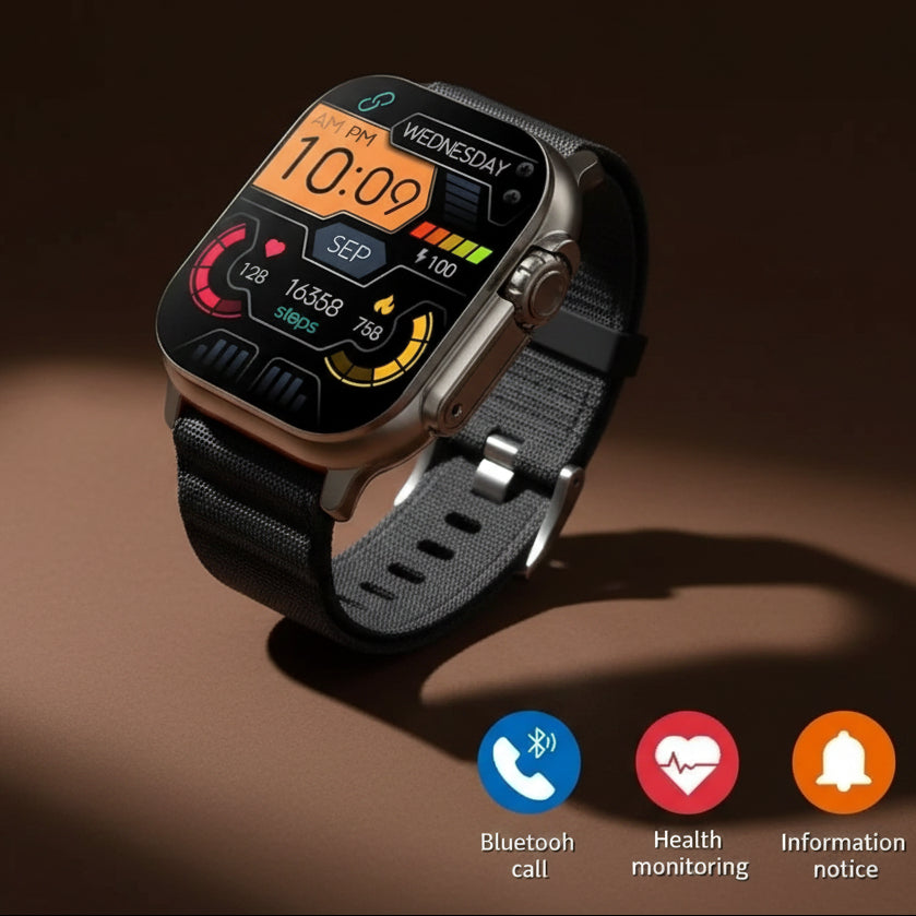 Smart watch screen showing Bluetooth call and notification icons