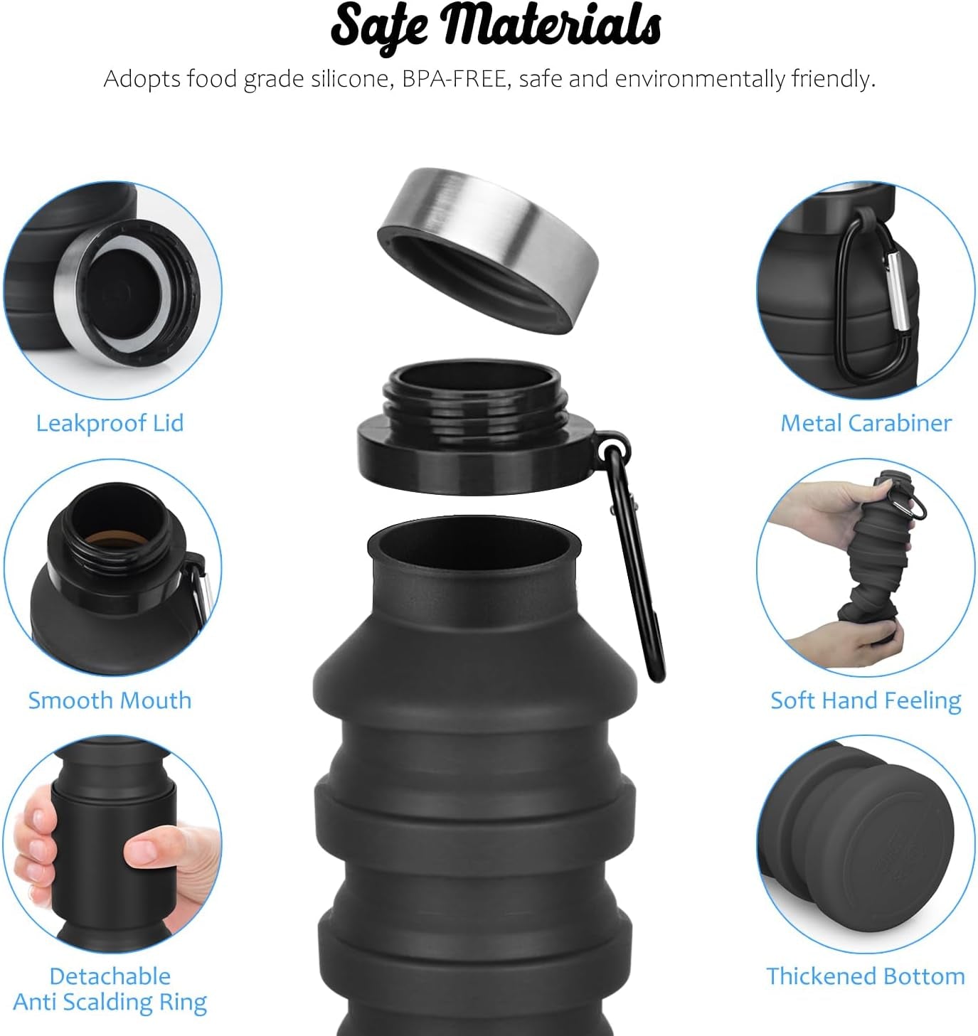 Collapsible Water Bottle, 18Floz Reuseable BPA Free Silicone Foldable Bottles for Travel Gym Camping Hiking, Portable Leak Proof Sports Water Bottle with Carabiner | Foldable Water Bottles for Travel Gym Camping Hiking, Portable Leak Proof Sports Water Bottle with Carabiner