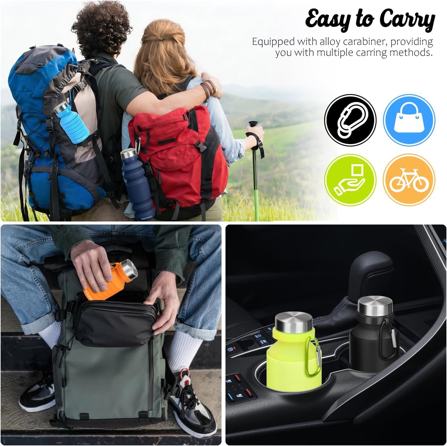 Collapsible Water Bottle, 18Floz Reuseable BPA Free Silicone Foldable Bottles for Travel Gym Camping Hiking, Portable Leak Proof Sports Water Bottle with Carabiner | Foldable Water Bottles for Travel Gym Camping Hiking, Portable Leak Proof Sports Water Bottle with Carabiner