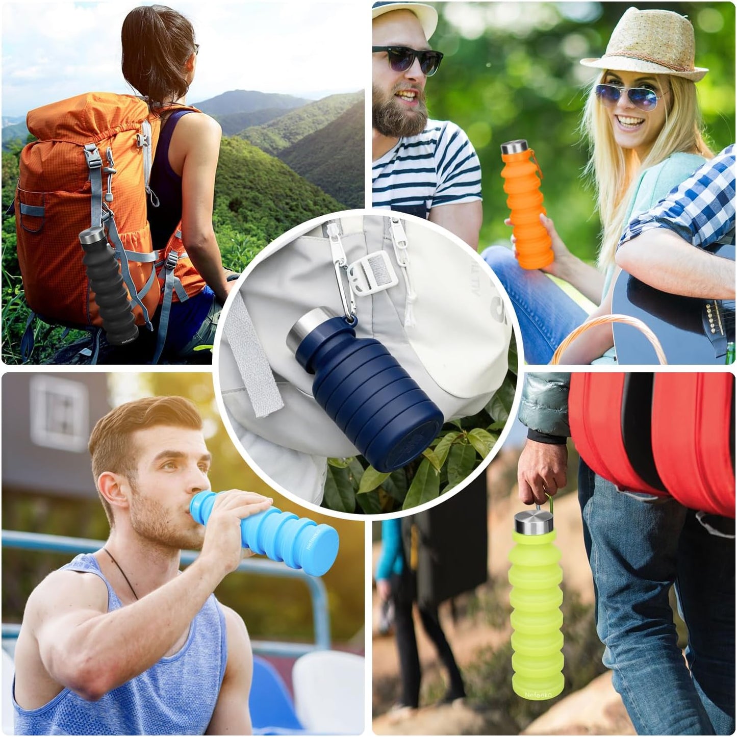 Collapsible Water Bottle, 18Floz Reuseable BPA Free Silicone Foldable Bottles for Travel Gym Camping Hiking, Portable Leak Proof Sports Water Bottle with Carabiner | Foldable Water Bottles for Travel Gym Camping Hiking, Portable Leak Proof Sports Water Bottle with Carabiner