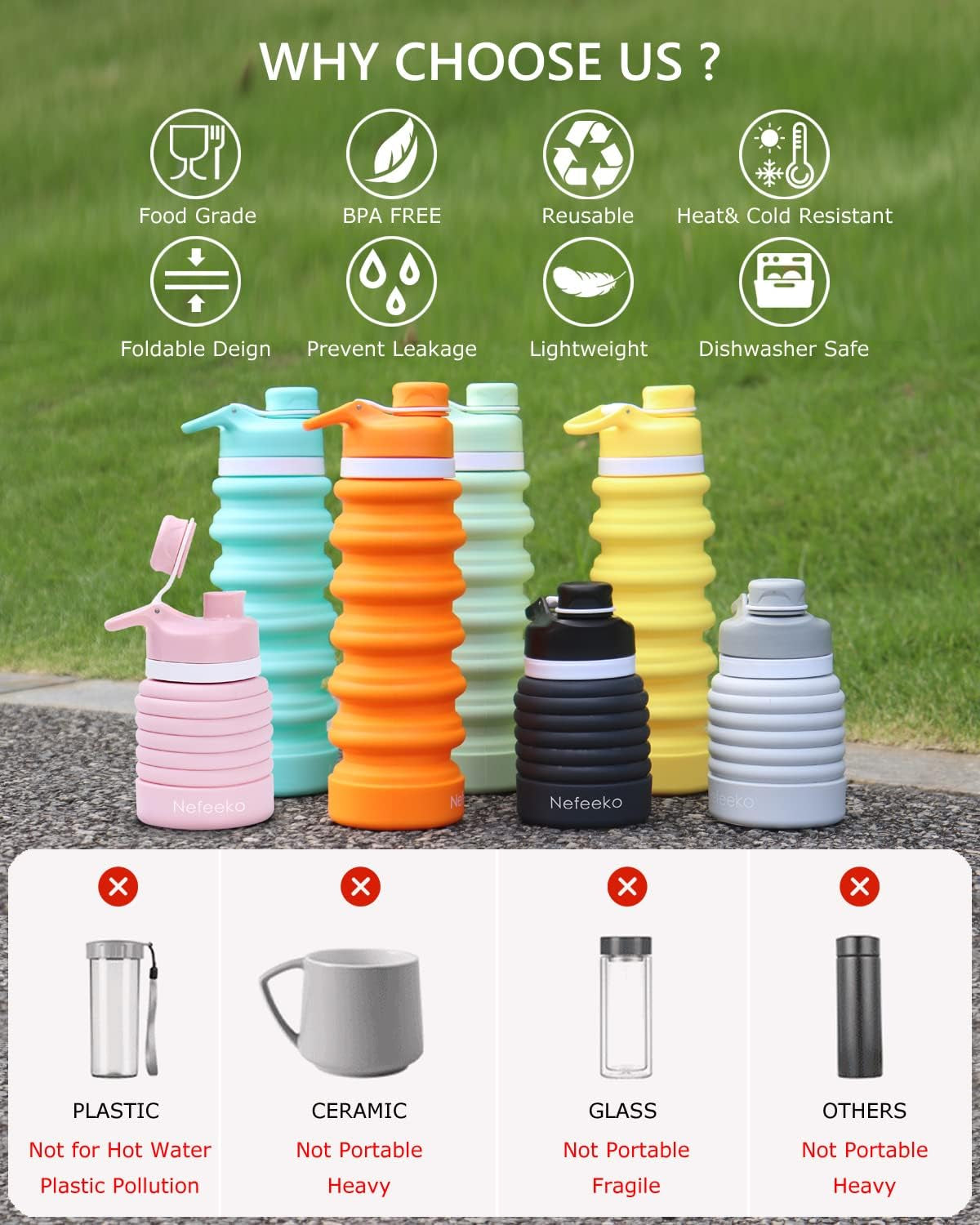 Collapsible Water Bottle, 26Oz Silicone Foldable Water Bottles | Leakproof BPA Free Travel Water Bottles with Carabiner,Portable Sport Water Bottles for Camping,Hiking Outdoor Indoor Sport