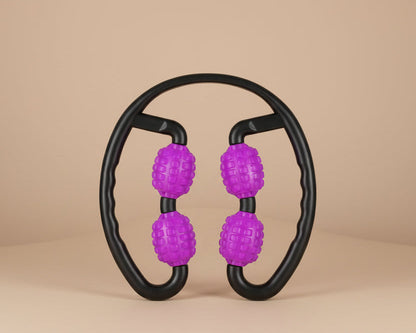 Curved handheld massager with four purple textured wheels
