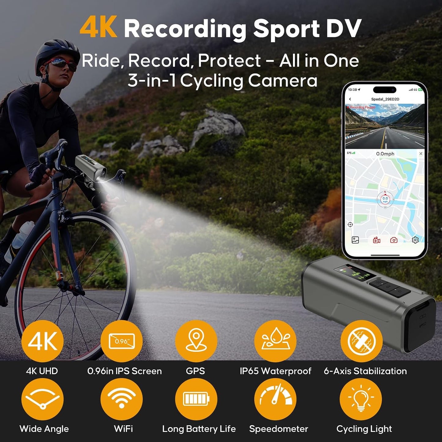 Action Camera for Bike 4K 30Fps with GPS Tracker, Bicycle Dash Cam | IP65 Waterproof, Anti-Shake Sport DV, Wireless Motorcycle Cycling Speedometer and Odometer, Free 64G Card, Computer with APP