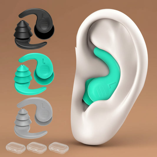 Silicone swim earplugs shown fitted on ear model