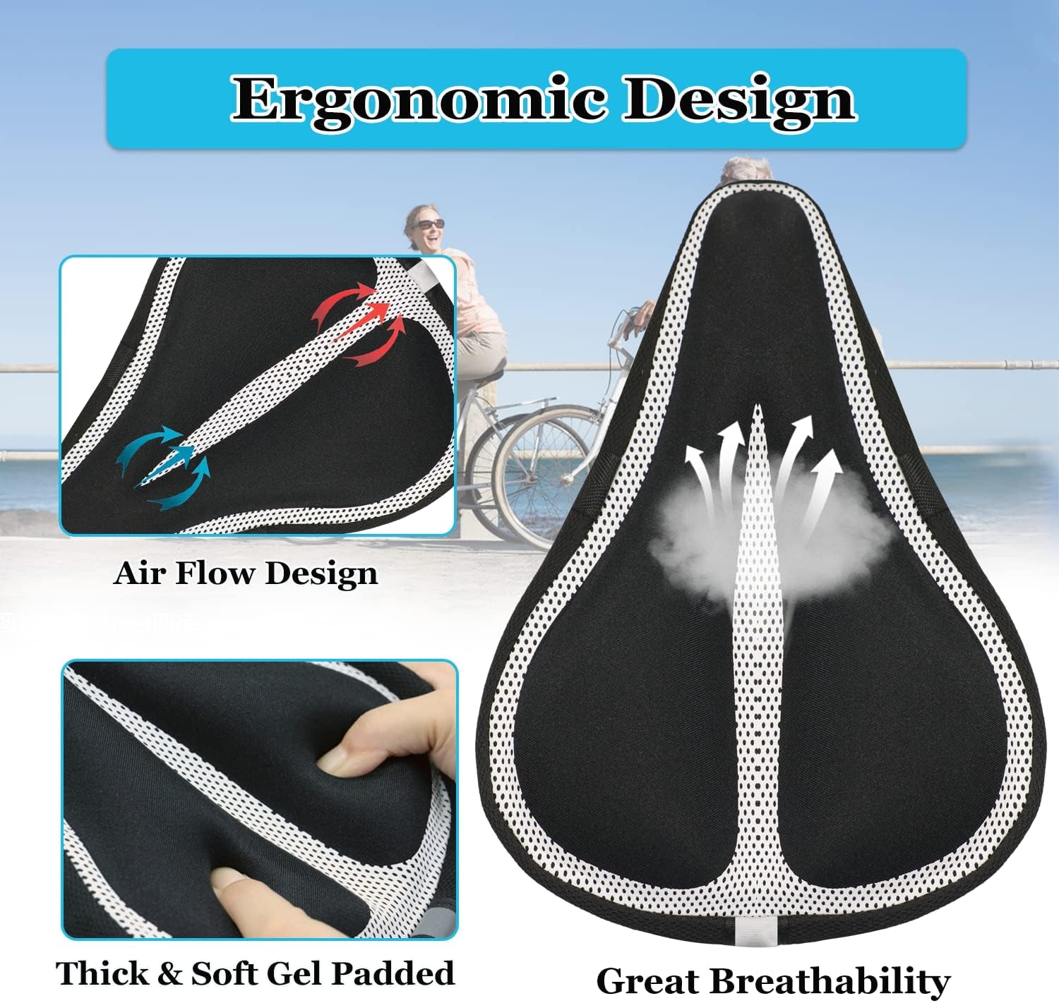 Gel Bike Seat Cover Padded Bicycle Saddle Covers for Women & Men, Most Comfortable Exercise Bike Seat Cushion Cover, Soft for Spin Indoor Outdoor Cycling Class Mountain Stationary Bikes