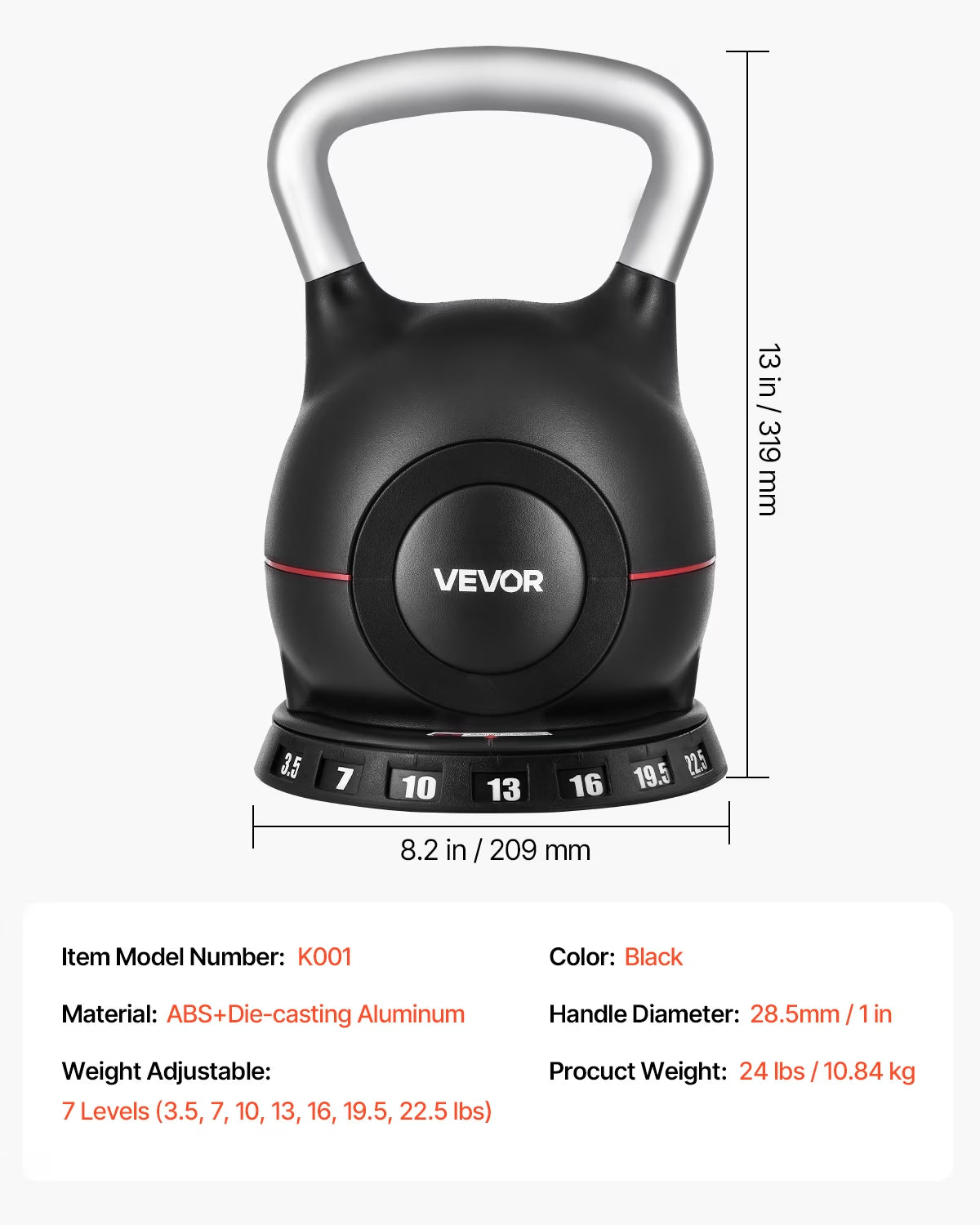 Kettlebell, Adjustable Kettlebell with 7 Weight Levels (3.5, 7, 10, 13, 16, 19.5, 22.5 Lbs), Die-Cast Aluminum and ABS Material, for Grip Strength Training, Full-Body Workout & Cross-Training