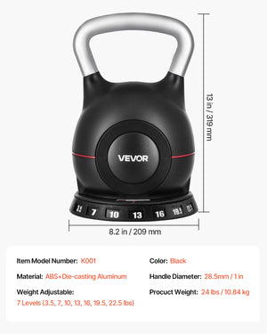 Kettlebell, Adjustable Kettlebell with 7 Weight Levels (3.5, 7, 10, 13, 16, 19.5, 22.5 Lbs), Die-Cast Aluminum and ABS Material, for Grip Strength Training, Full-Body Workout & Cross-Training