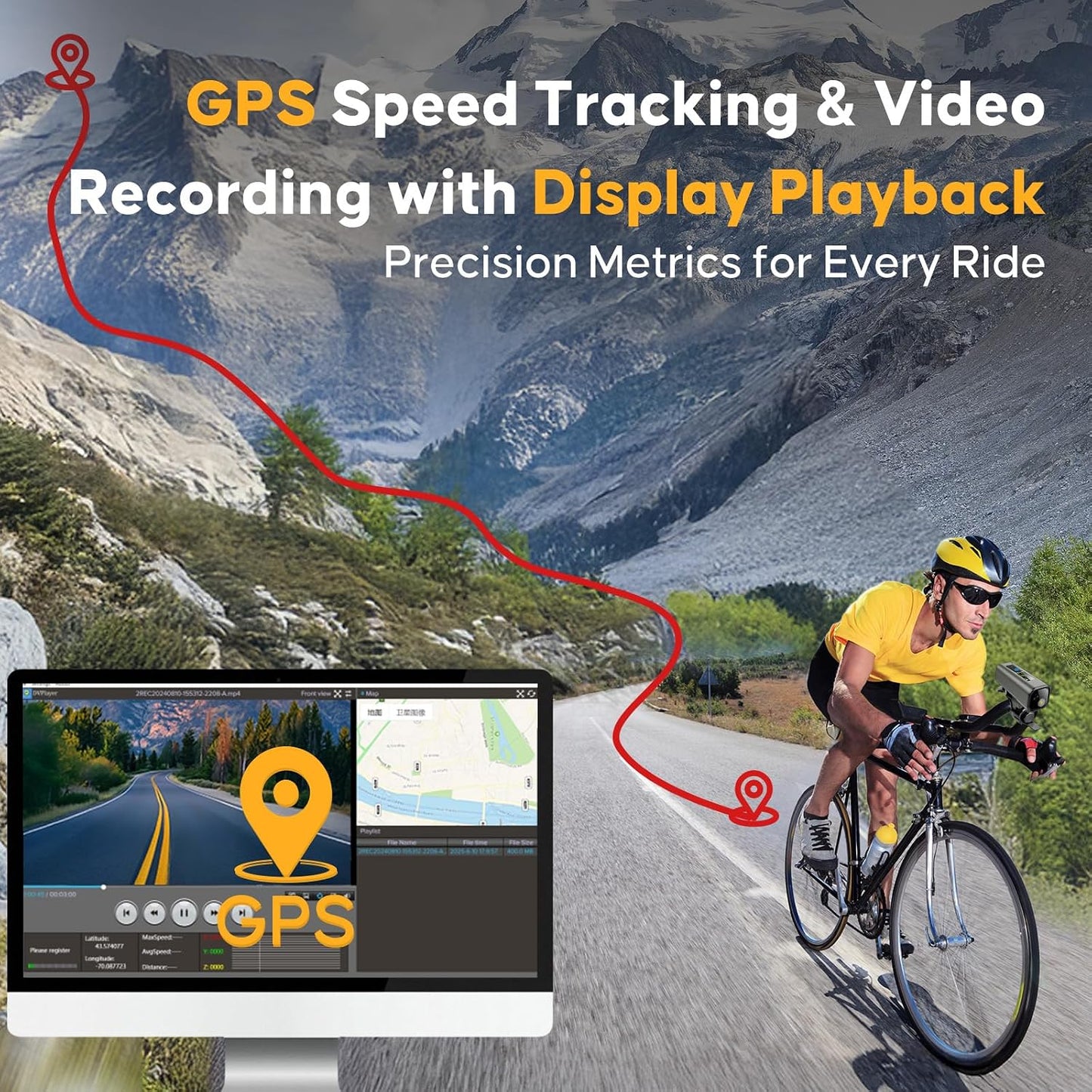 Action Camera for Bike 4K 30Fps with GPS Tracker, Bicycle Dash Cam | IP65 Waterproof, Anti-Shake Sport DV, Wireless Motorcycle Cycling Speedometer and Odometer, Free 64G Card, Computer with APP
