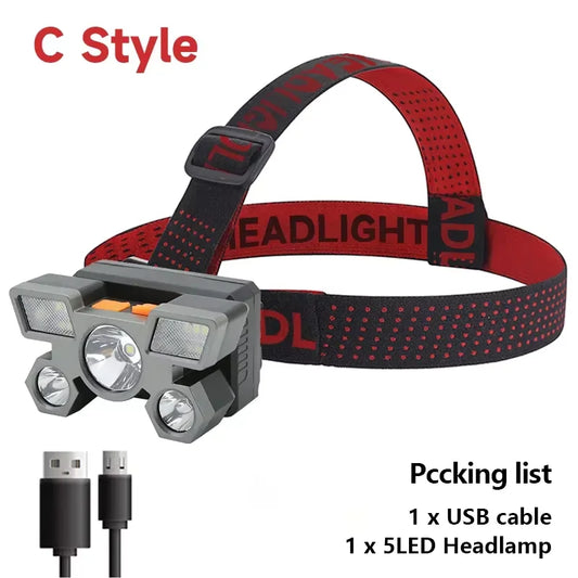 5 LED Flashlight Rechargeable with Built in Lithium Battery Strong Head Light Camping Adventure Fishing Cycling Headlamp