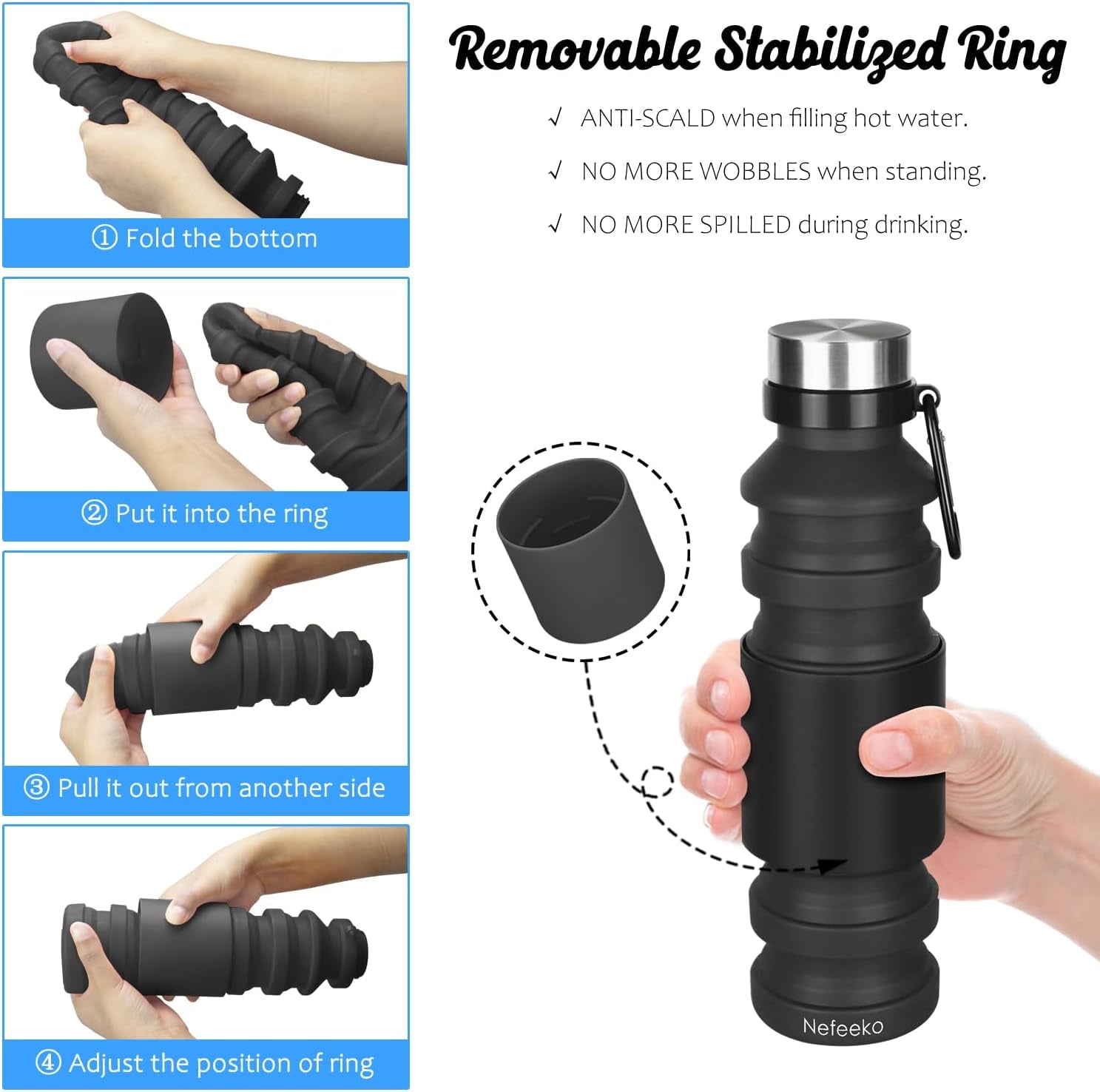 Collapsible Water Bottle, 18Floz Reuseable BPA Free Silicone Foldable Bottles for Travel Gym Camping Hiking, Portable Leak Proof Sports Water Bottle with Carabiner | Foldable Water Bottles for Travel Gym Camping Hiking, Portable Leak Proof Sports Water Bottle with Carabiner