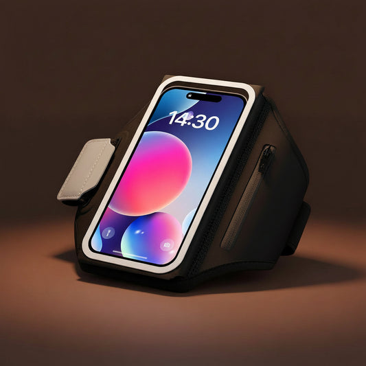 Running armband with earphone bag holding smartphone, phone display visible