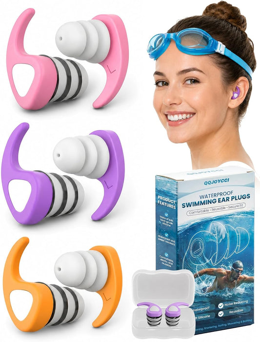 Colorful reusable silicone swim earplugs pink purple orange
