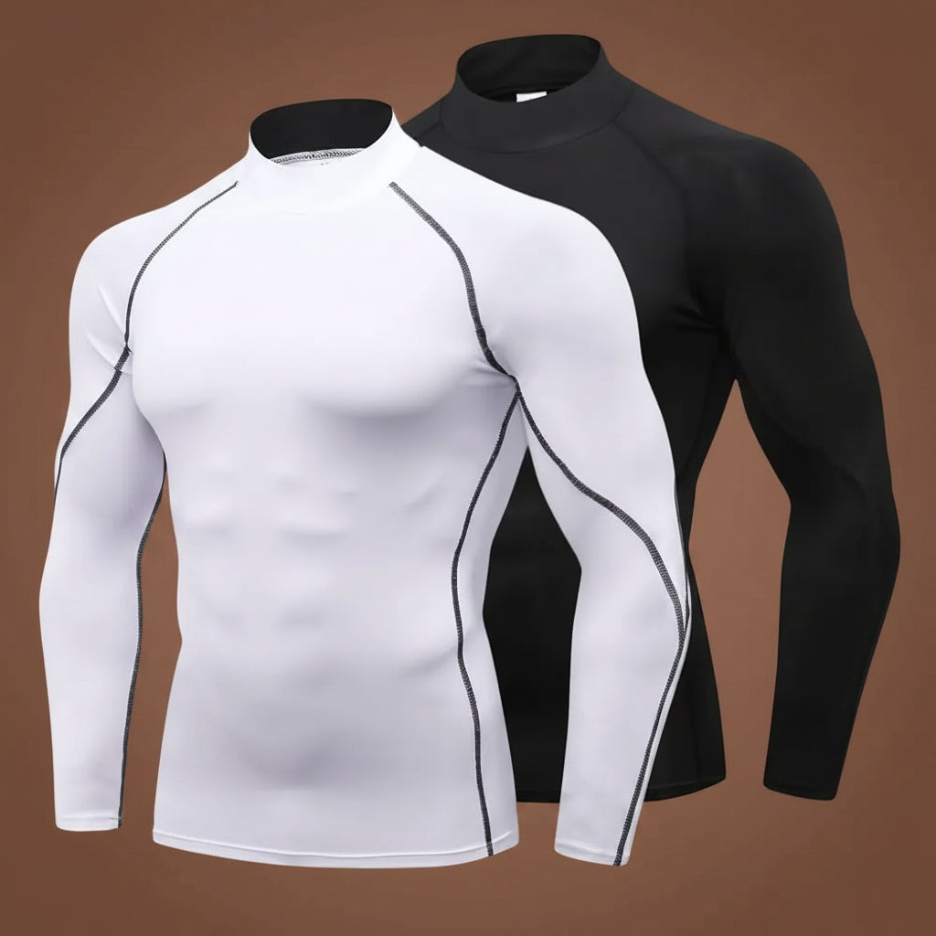 2 Pack Compression Tops for Men Long Sleeve Mens Running Top Quick Dry Turtleneck Base Layer Top for Gym Sports Fitness Workout Cycling Footbal