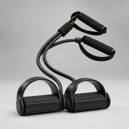 Black resistance-band exerciser with handles and foot pedals