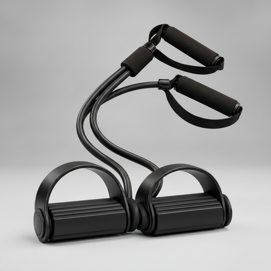 Black resistance-band exerciser with handles and foot pedals