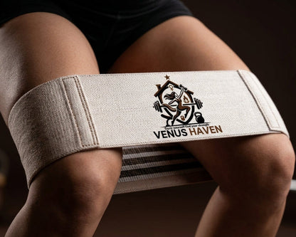 Close-up of a grey fabric resistance band around the thighs