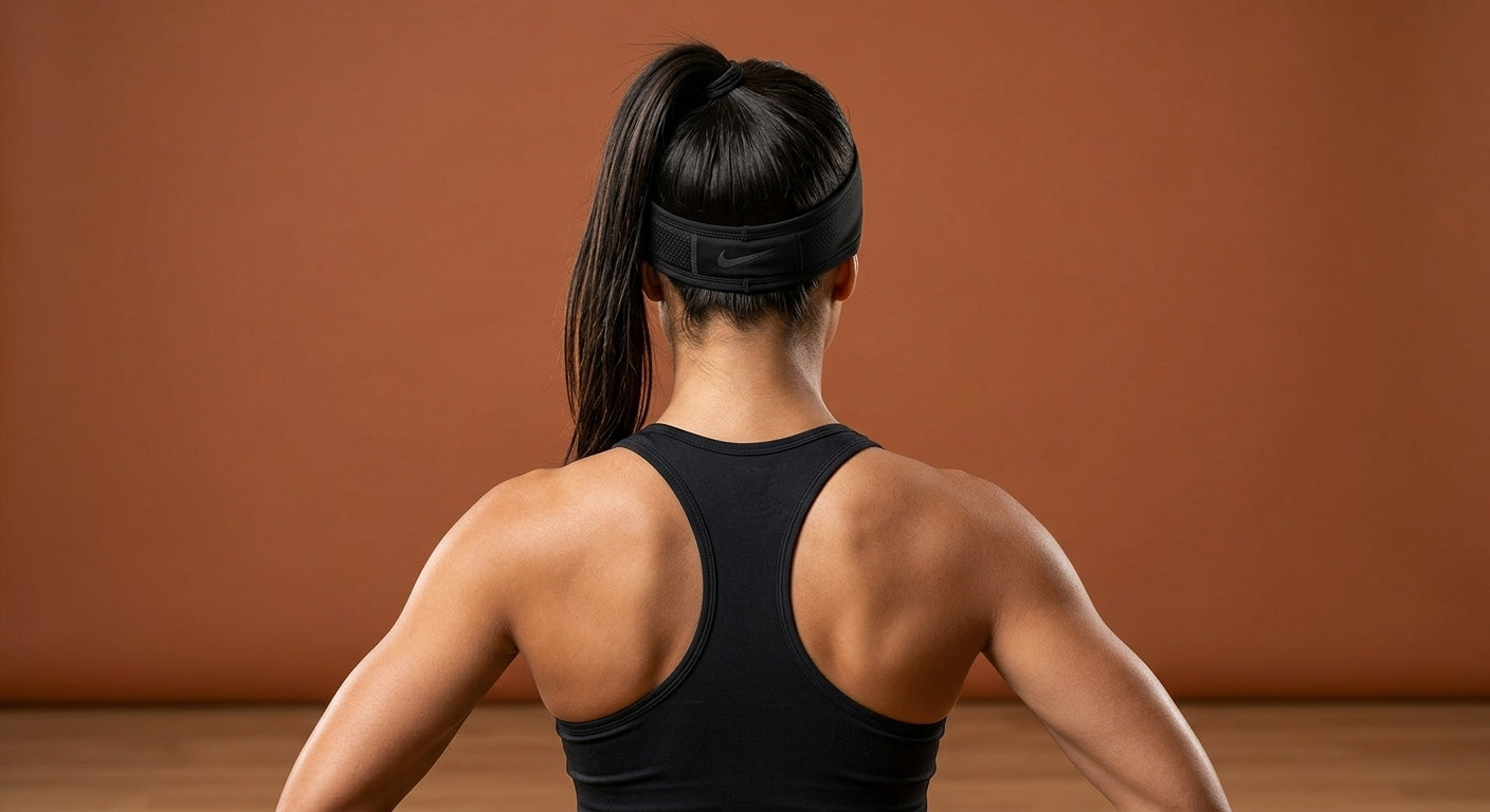 Blue sweat-wicking sport headband, flat lay