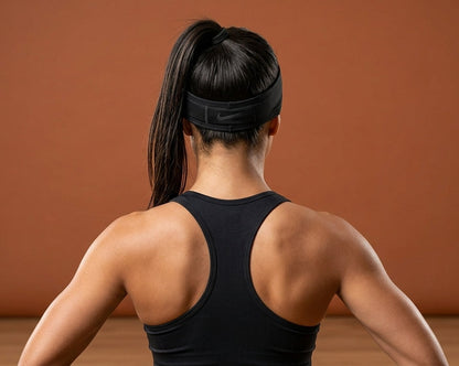 Back view of a black headband worn with a ponytail
