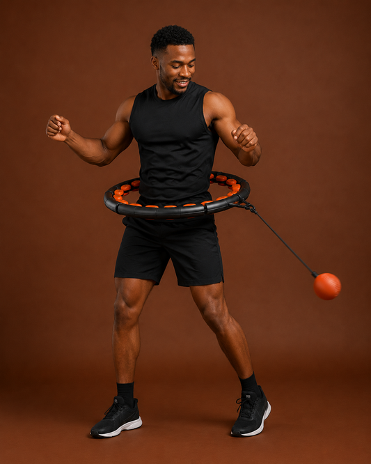 Man doing cardio workout with weighted hula hoop at home
