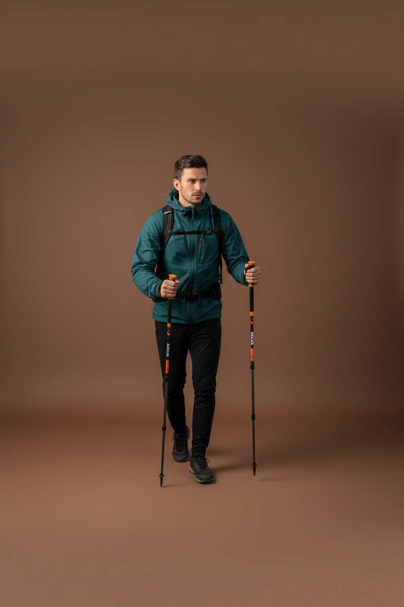 Hiker using trekking poles on mountain trail