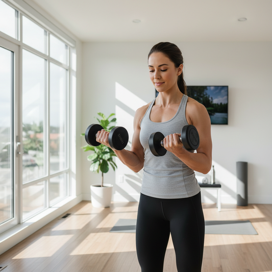 Woman doing bicep curls with adjustable dumbbells in bright home gym
