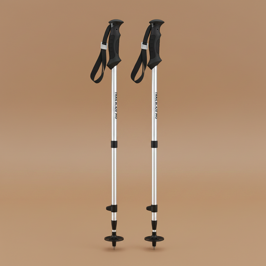 Retractable trekking poles on white background