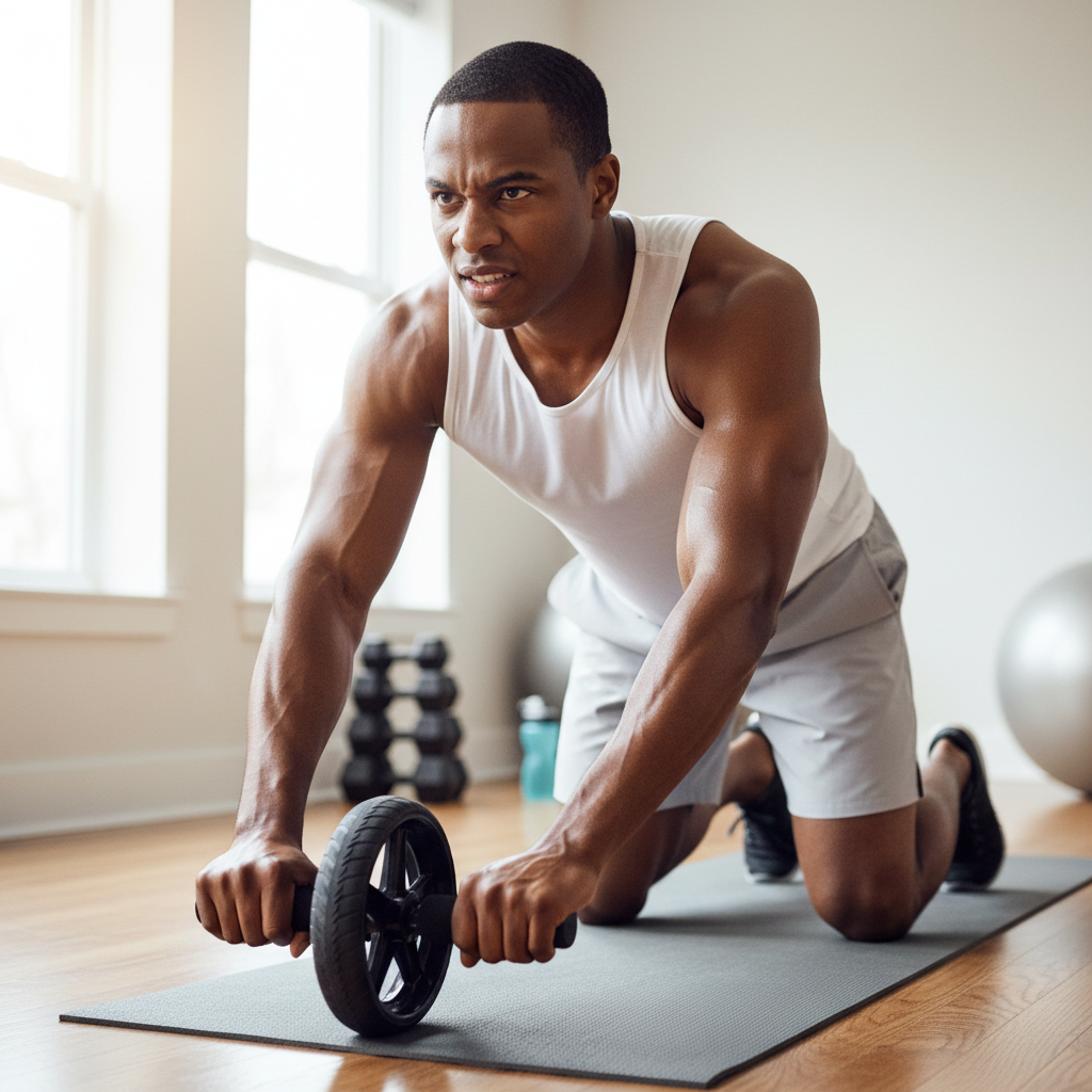 Mixed-race man using ab roller wheel lifestyle fitness photo