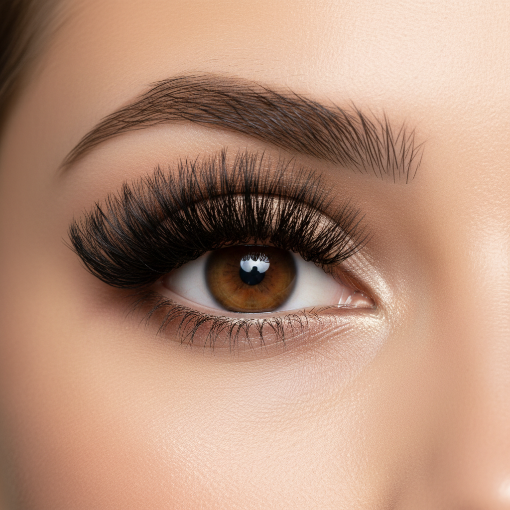 Close-up of glamorous woman's eye wearing magnetic false eyelashes